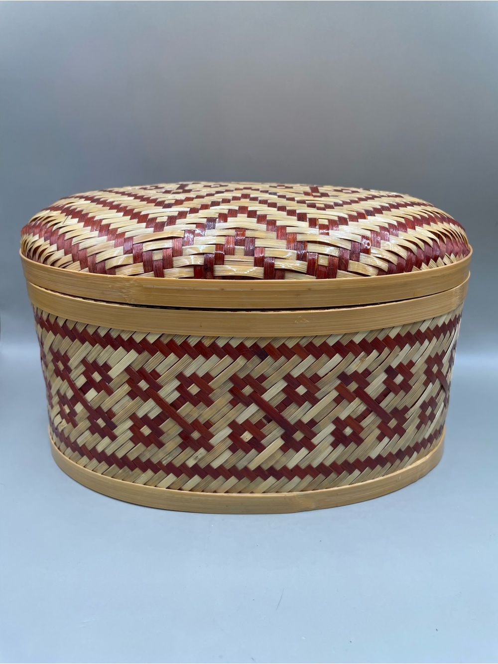 Vintage Bamboo Woven Red Geometric Design Oval Box With Lid 7x4.5” Chinese